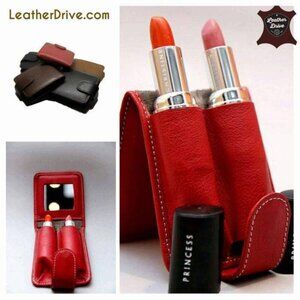 Bella Full Grain Leather Double Lipstick Case Holder with Mirror 4 Color's